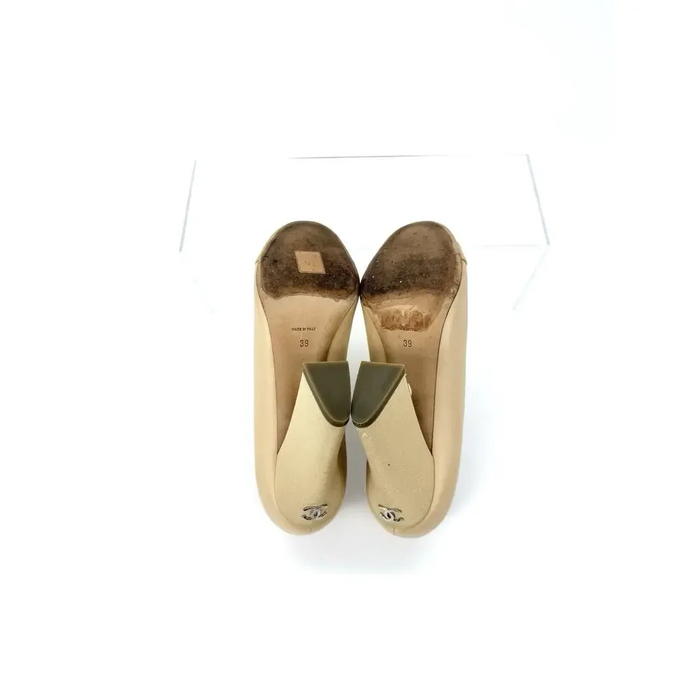 Chanel Peep Toe Bootie EU 39 US 9 Beige Nude Leather with Faux Pearl Embellish